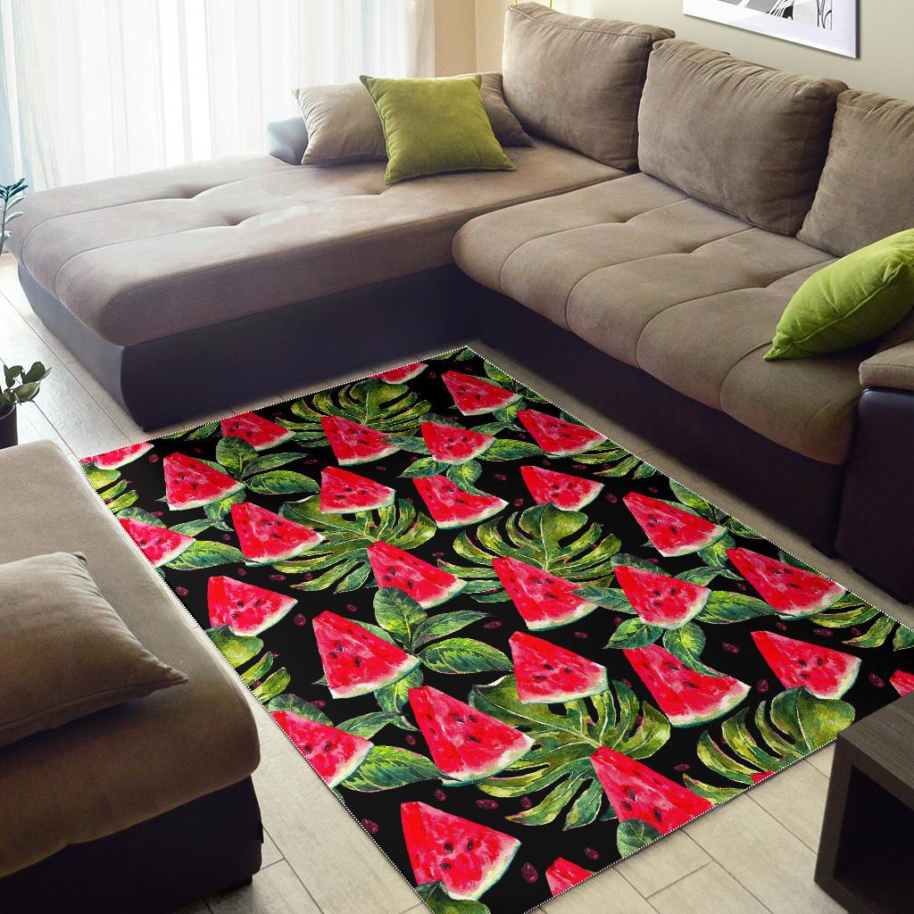 Black Palm Leaf Watermelon Pattern Print Area Rug GearFrost