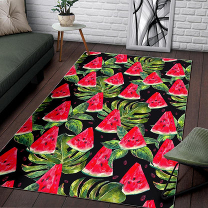 Black Palm Leaf Watermelon Pattern Print Area Rug GearFrost