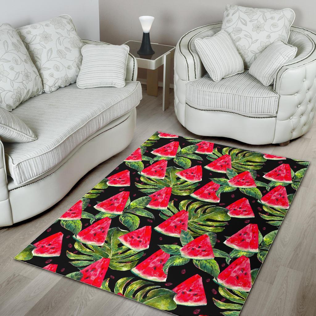 Black Palm Leaf Watermelon Pattern Print Area Rug GearFrost