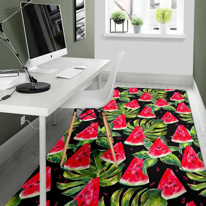 Black Palm Leaf Watermelon Pattern Print Area Rug GearFrost