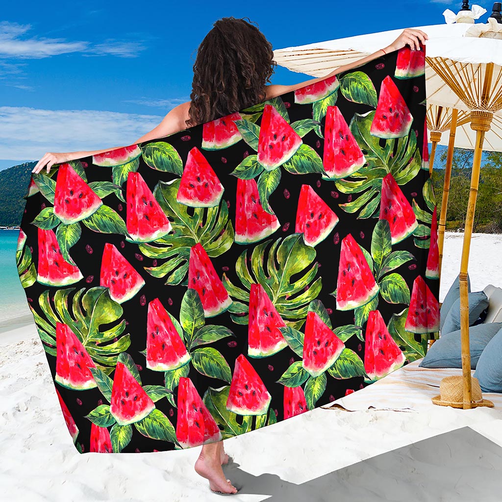 Black Palm Leaf Watermelon Pattern Print Beach Sarong Wrap