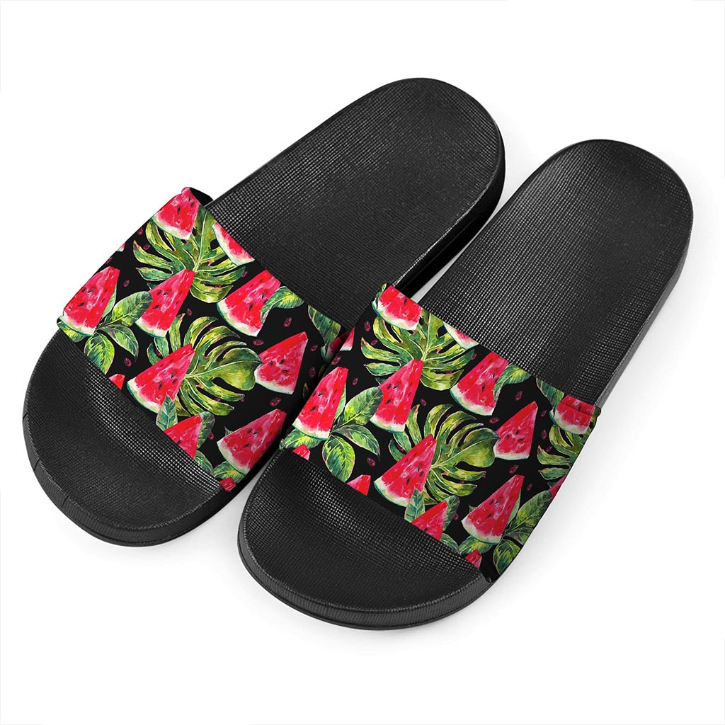 Black Palm Leaf Watermelon Pattern Print Black Slide Sandals