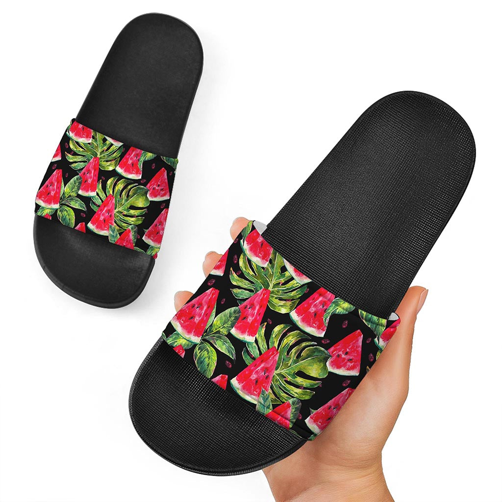 Black Palm Leaf Watermelon Pattern Print Black Slide Sandals