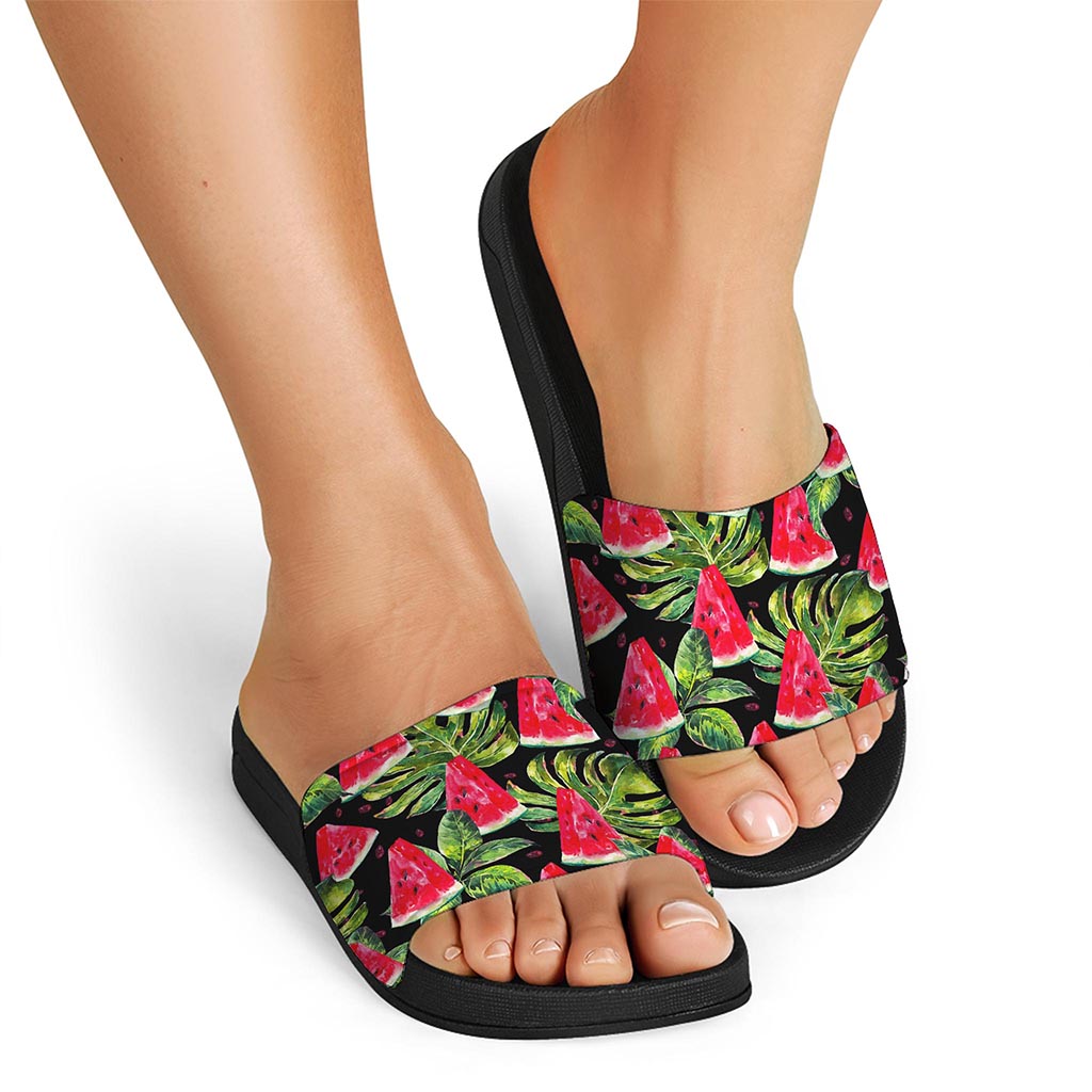 Black Palm Leaf Watermelon Pattern Print Black Slide Sandals
