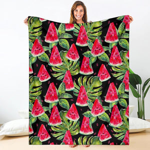 Black Palm Leaf Watermelon Pattern Print Blanket