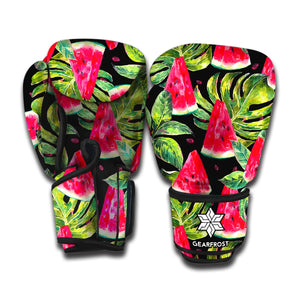 Black Palm Leaf Watermelon Pattern Print Boxing Gloves