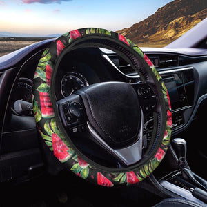 Black Palm Leaf Watermelon Pattern Print Car Steering Wheel Cover