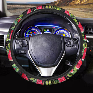 Black Palm Leaf Watermelon Pattern Print Car Steering Wheel Cover