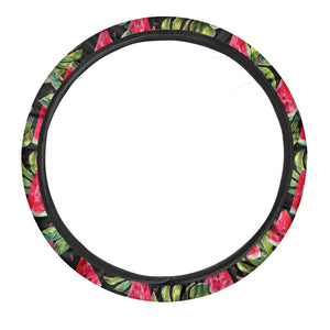 Black Palm Leaf Watermelon Pattern Print Car Steering Wheel Cover