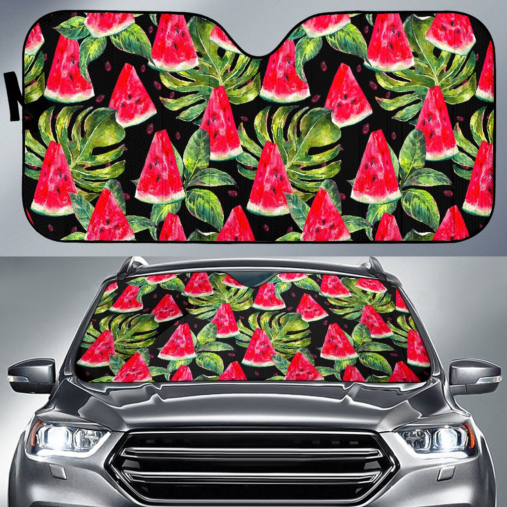 Black Palm Leaf Watermelon Pattern Print Car Sun Shade GearFrost