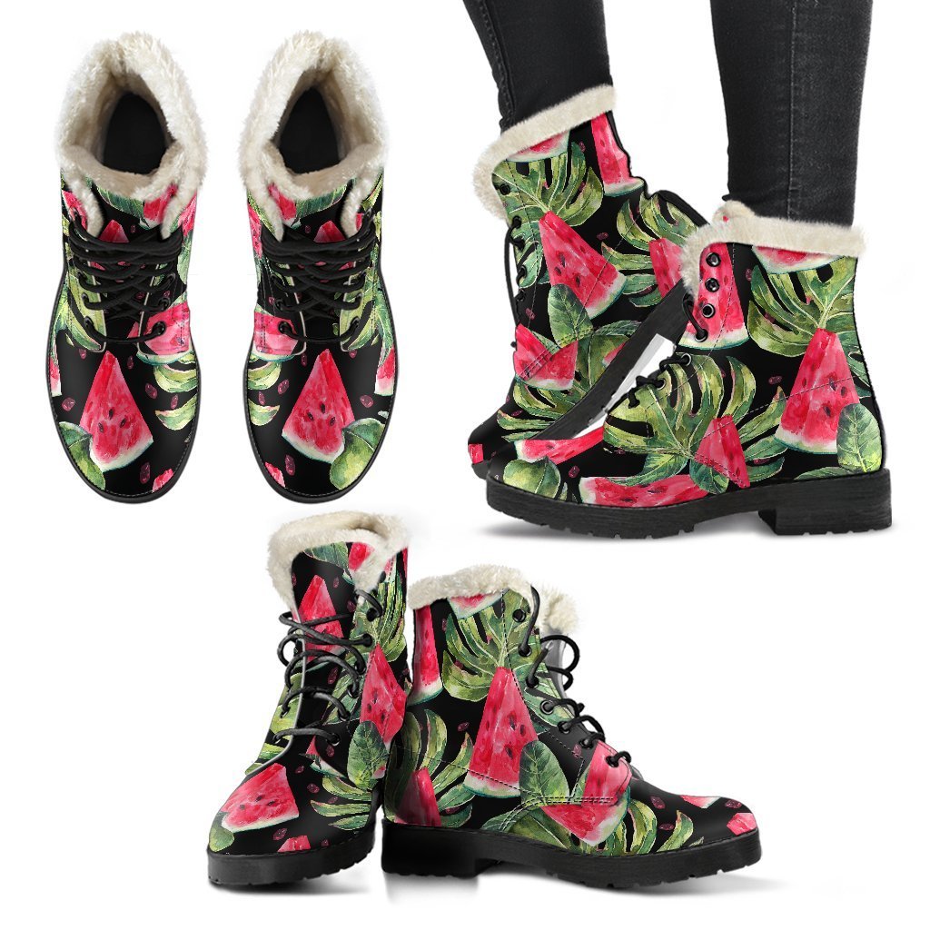 Black Palm Leaf Watermelon Pattern Print Comfy Boots GearFrost