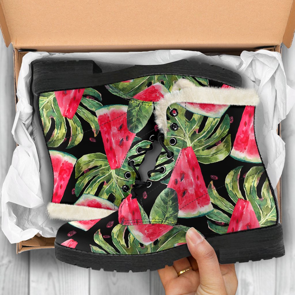 Black Palm Leaf Watermelon Pattern Print Comfy Boots GearFrost
