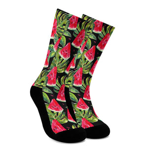 Black Palm Leaf Watermelon Pattern Print Crew Socks