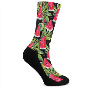 Black Palm Leaf Watermelon Pattern Print Crew Socks