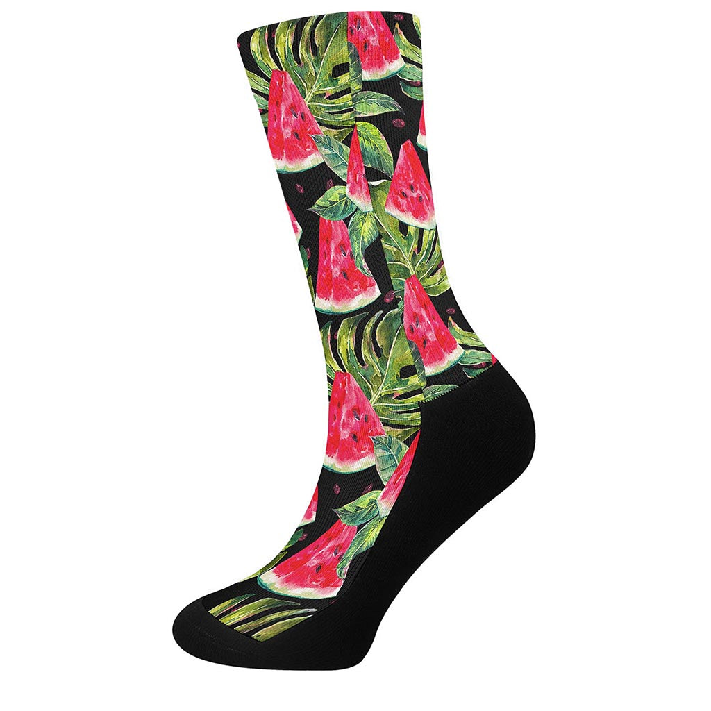 Black Palm Leaf Watermelon Pattern Print Crew Socks