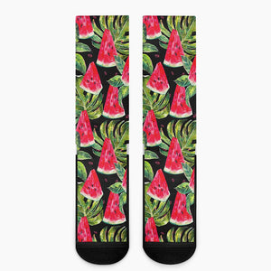 Black Palm Leaf Watermelon Pattern Print Crew Socks