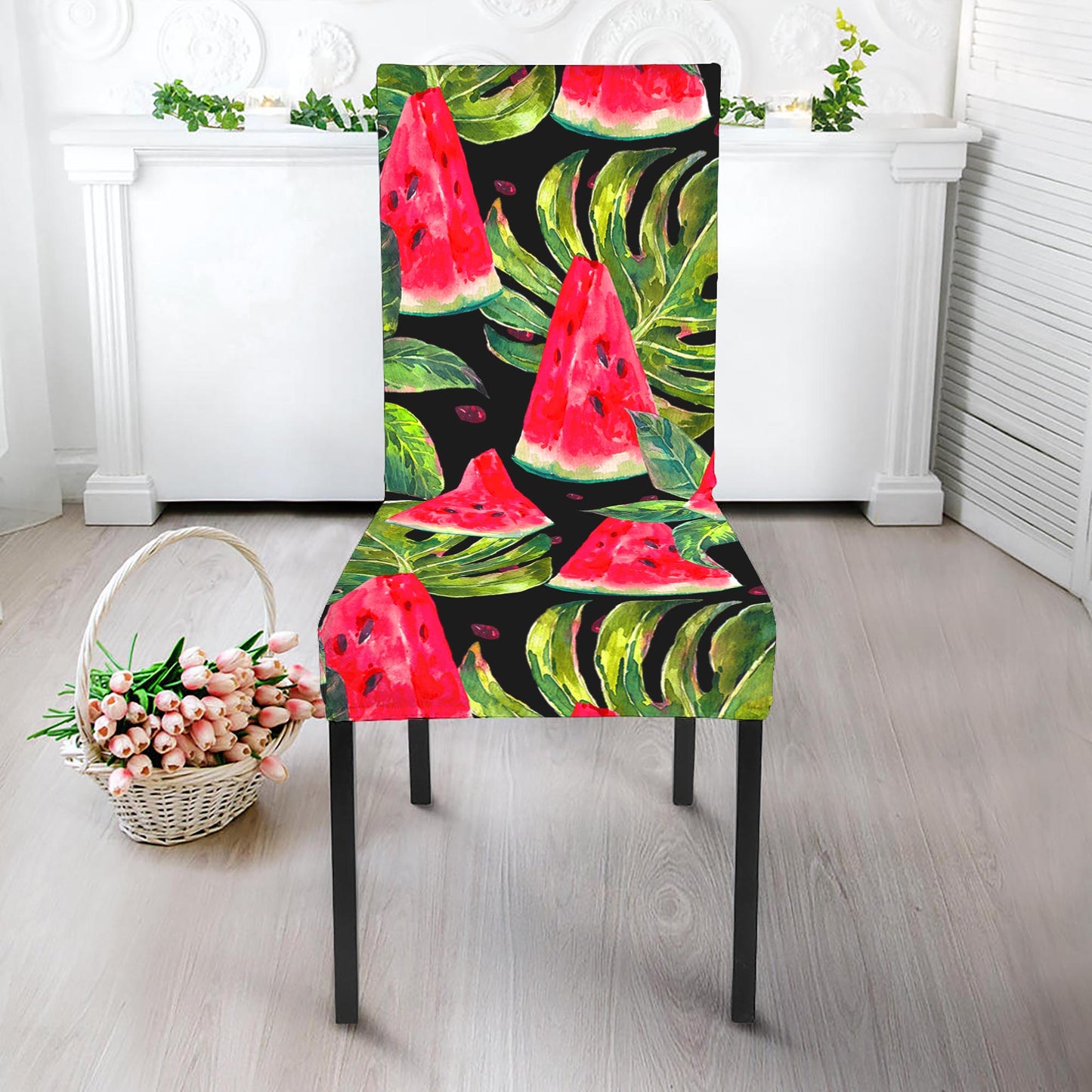 Black Palm Leaf Watermelon Pattern Print Dining Chair Slipcover