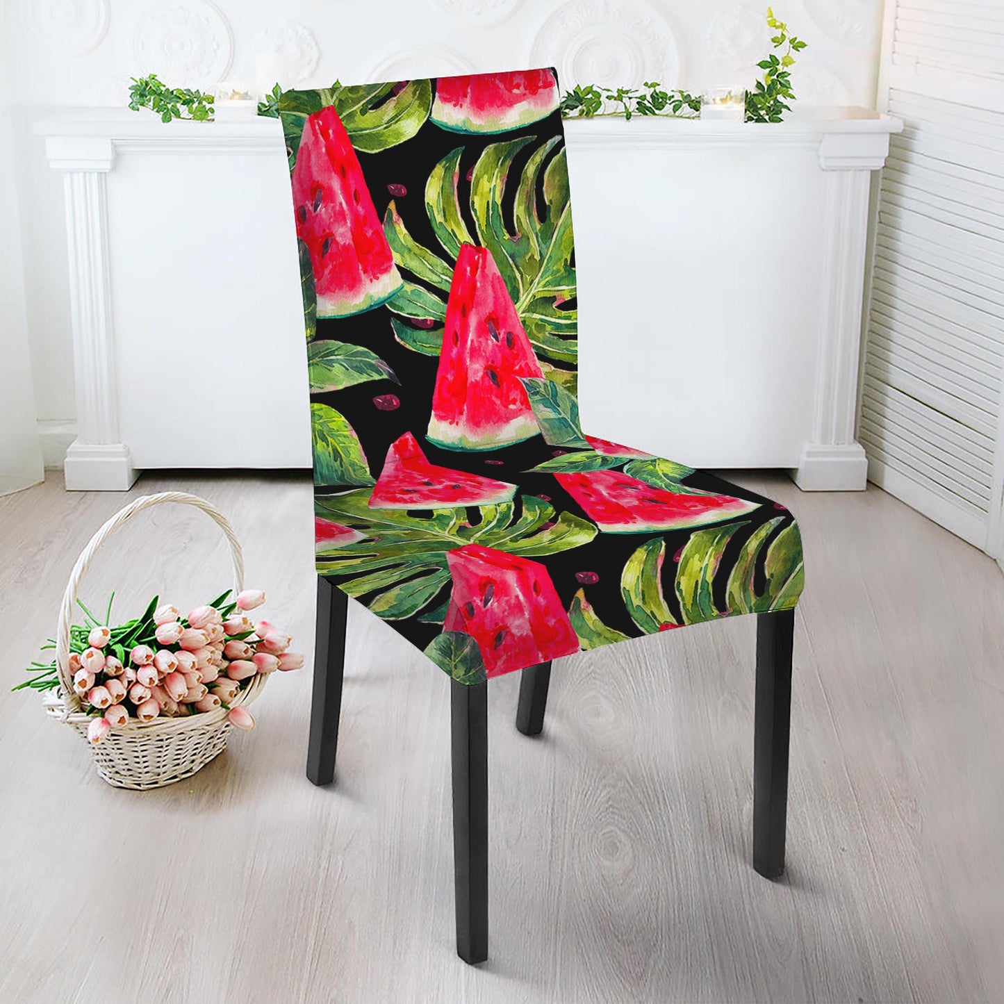 Black Palm Leaf Watermelon Pattern Print Dining Chair Slipcover