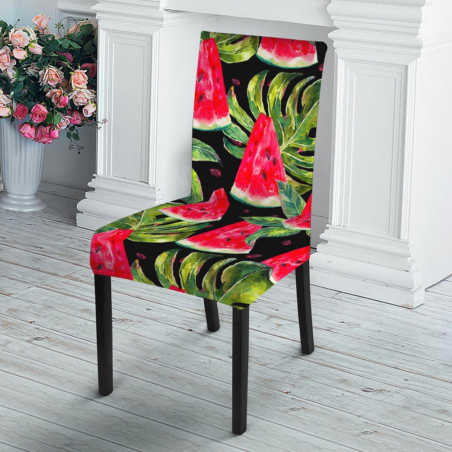 Black Palm Leaf Watermelon Pattern Print Dining Chair Slipcover