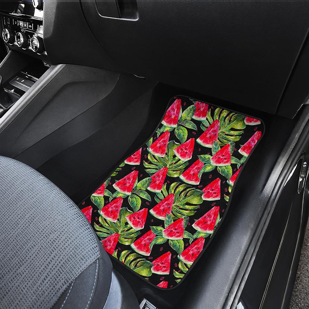 Black Palm Leaf Watermelon Pattern Print Front and Back Car Floor Mats
