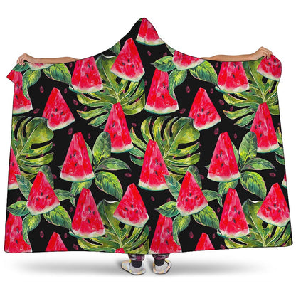 Black Palm Leaf Watermelon Pattern Print Hooded Blanket
