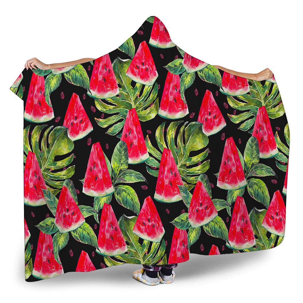 Black Palm Leaf Watermelon Pattern Print Hooded Blanket