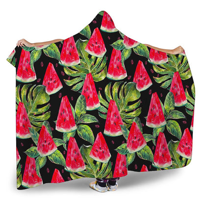 Black Palm Leaf Watermelon Pattern Print Hooded Blanket