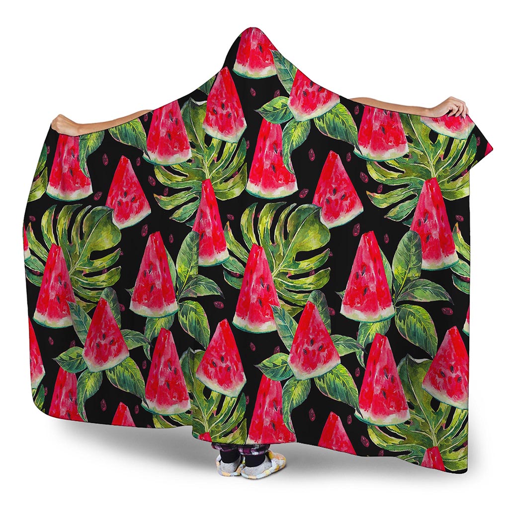 Black Palm Leaf Watermelon Pattern Print Hooded Blanket