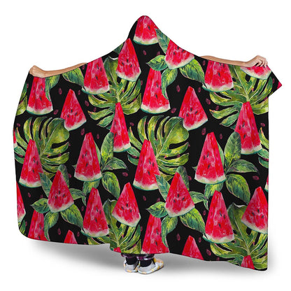 Black Palm Leaf Watermelon Pattern Print Hooded Blanket