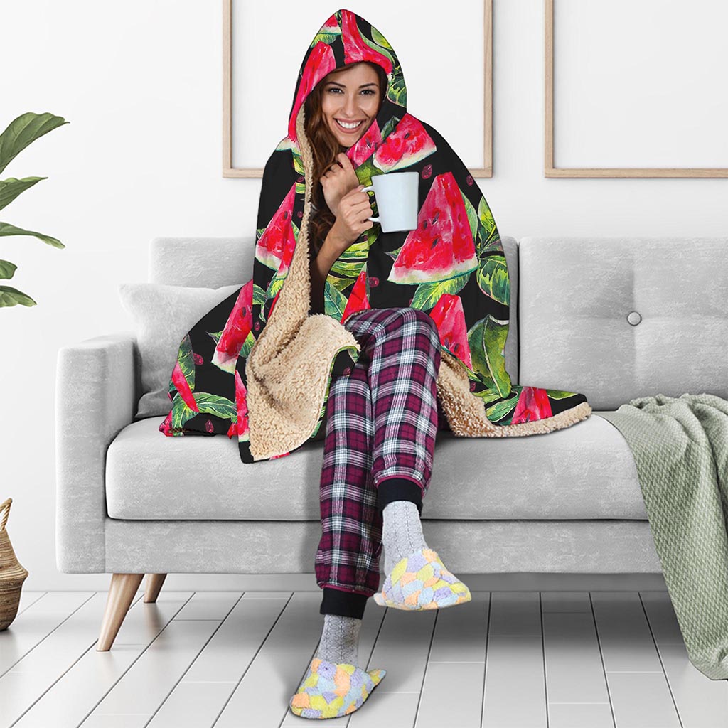 Black Palm Leaf Watermelon Pattern Print Hooded Blanket
