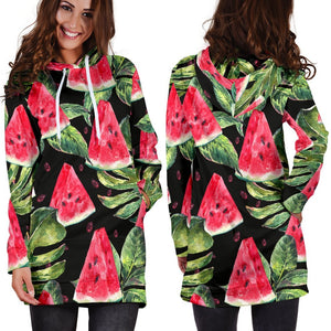 Black Palm Leaf Watermelon Pattern Print Hoodie Dress GearFrost