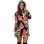Black Palm Leaf Watermelon Pattern Print Hoodie Dress GearFrost