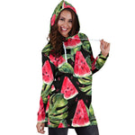 Black Palm Leaf Watermelon Pattern Print Hoodie Dress GearFrost