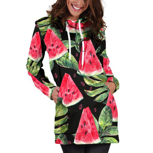 Black Palm Leaf Watermelon Pattern Print Hoodie Dress GearFrost