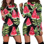 Black Palm Leaf Watermelon Pattern Print Hoodie Dress GearFrost