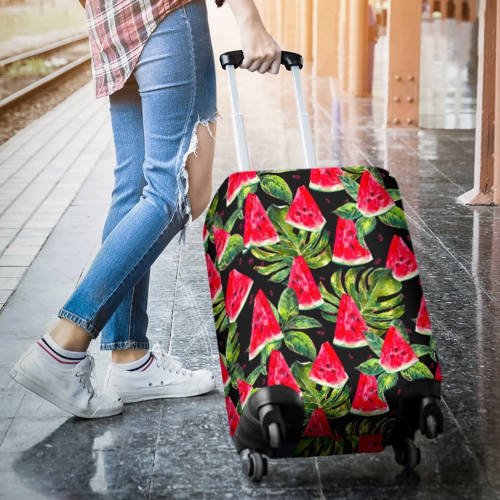 Black Palm Leaf Watermelon Pattern Print Luggage Cover GearFrost