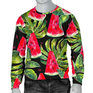 Black Palm Leaf Watermelon Pattern Print Men's Crewneck Sweatshirt GearFrost