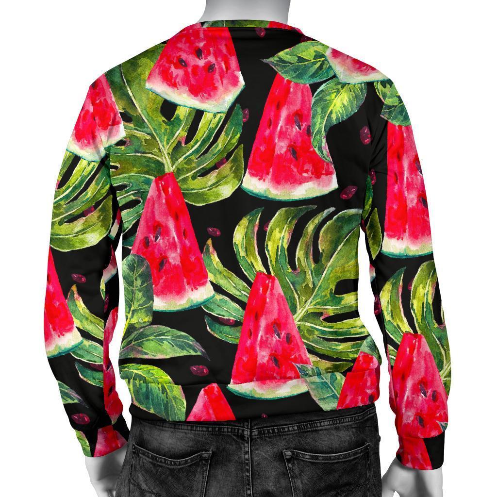 Black Palm Leaf Watermelon Pattern Print Men's Crewneck Sweatshirt GearFrost