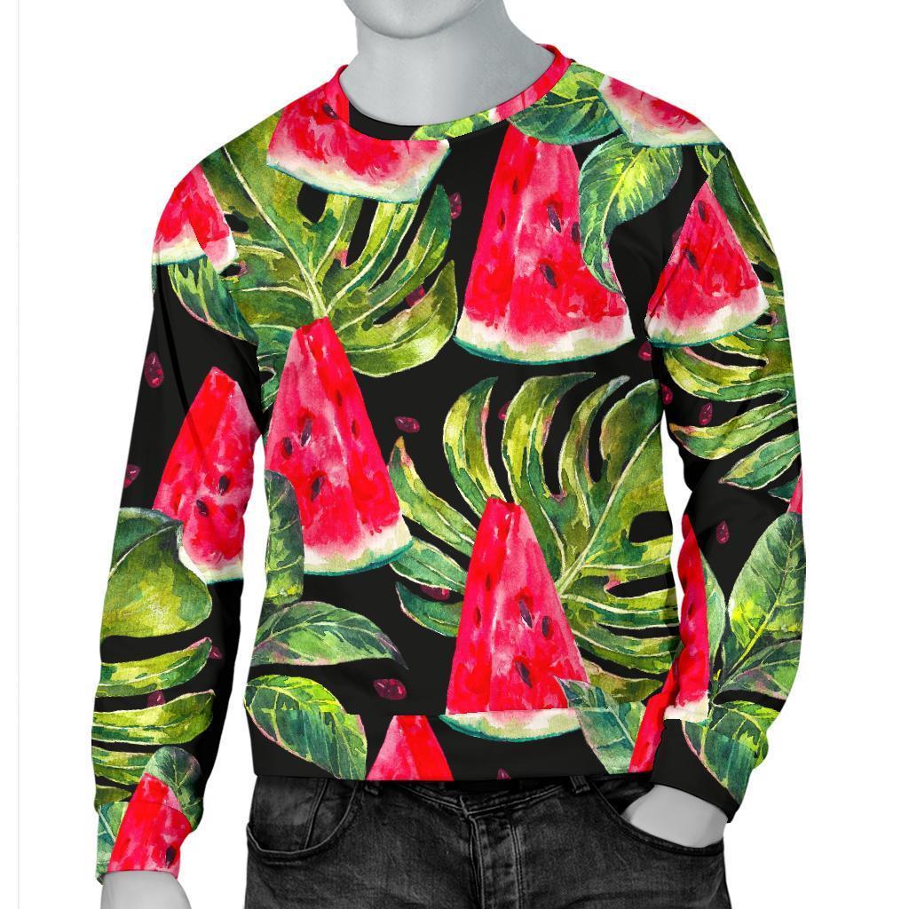 Black Palm Leaf Watermelon Pattern Print Men's Crewneck Sweatshirt GearFrost