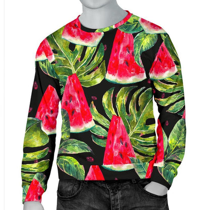 Black Palm Leaf Watermelon Pattern Print Men's Crewneck Sweatshirt GearFrost