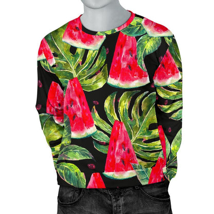 Black Palm Leaf Watermelon Pattern Print Men's Crewneck Sweatshirt GearFrost
