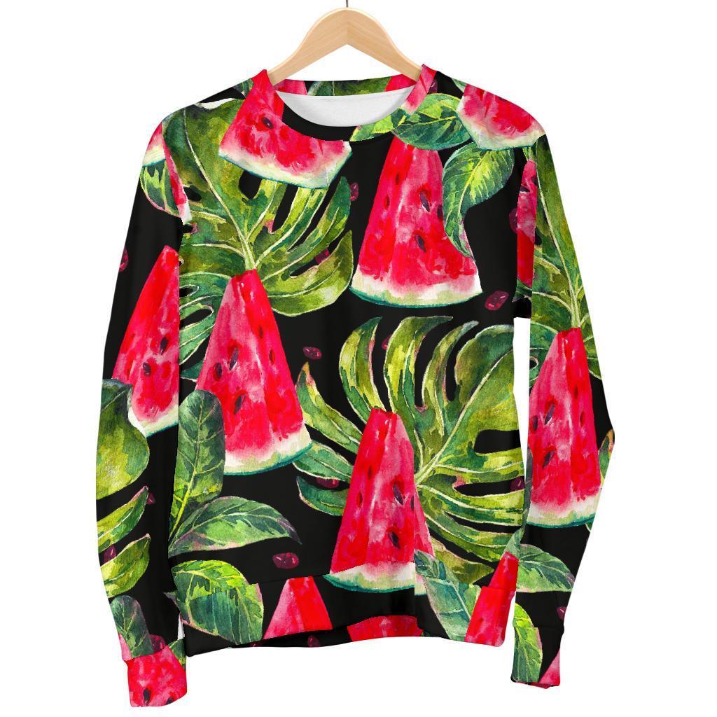 Black Palm Leaf Watermelon Pattern Print Men's Crewneck Sweatshirt GearFrost