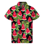 Black Palm Leaf Watermelon Pattern Print Men's Short Sleeve Shirt