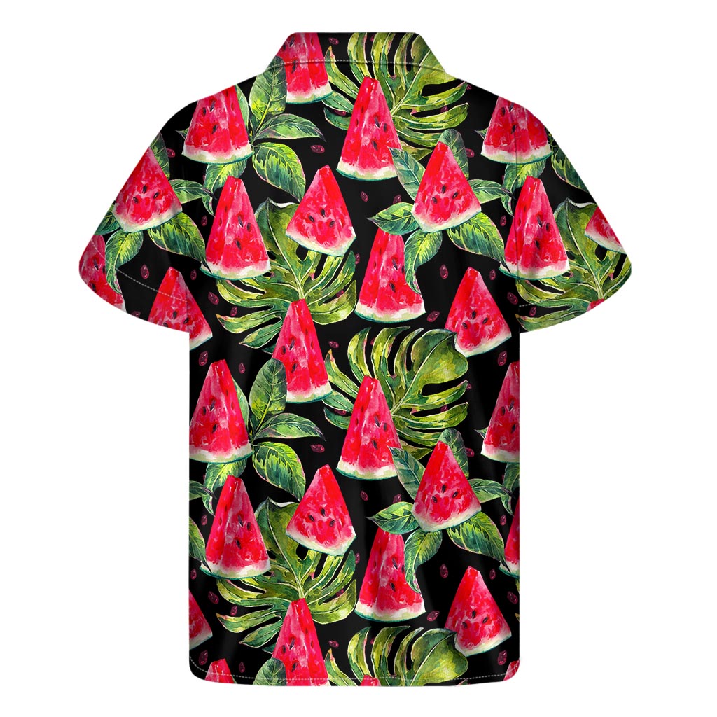 Black Palm Leaf Watermelon Pattern Print Men's Short Sleeve Shirt