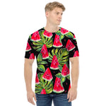 Black Palm Leaf Watermelon Pattern Print Men's T-Shirt