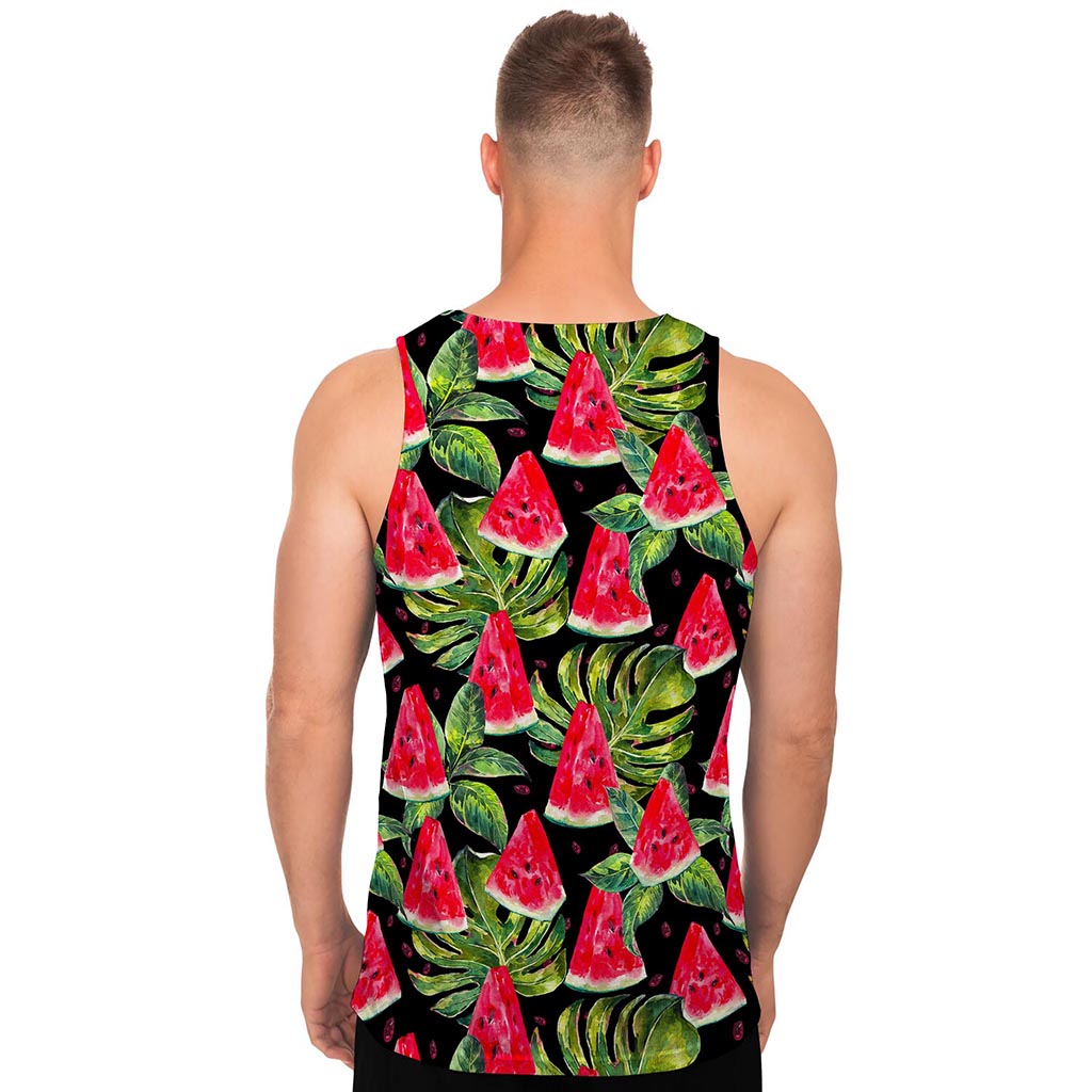 Black Palm Leaf Watermelon Pattern Print Men's Tank Top