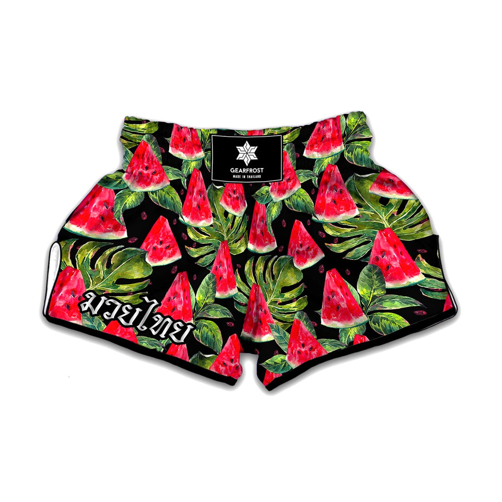 Black Palm Leaf Watermelon Pattern Print Muay Thai Boxing Shorts