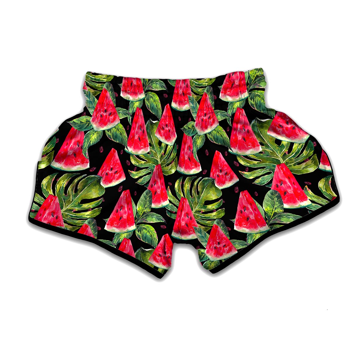 Black Palm Leaf Watermelon Pattern Print Muay Thai Boxing Shorts