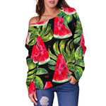 Black Palm Leaf Watermelon Pattern Print Off Shoulder Sweatshirt GearFrost