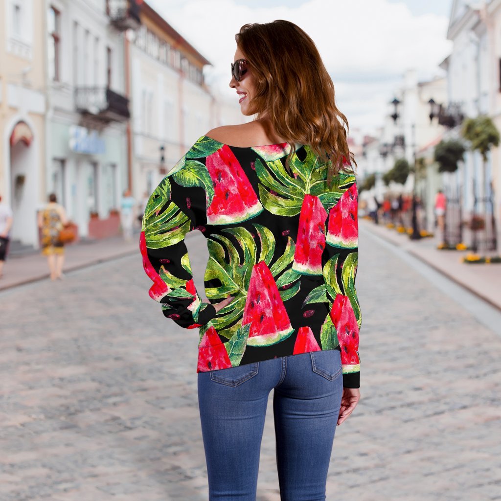 Black Palm Leaf Watermelon Pattern Print Off Shoulder Sweatshirt GearFrost